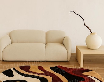 Modern Abstract Hand-Tufted Rug – Retro Wave Pattern in Beige, Black, Rust & Mustard – Irregular Shaped Area Rug for Living Room or Bedroom