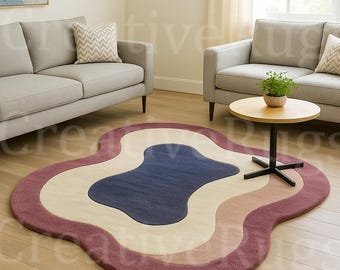 Modern Wavy Abstract Area Rug | Blue & Cream Organic Shape Rug, Hand-Tufted Contemporary Rug for Living Room, Aesthetic Modern Home Dècors