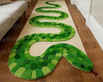 Green snake hand tufted wool rug Reptile Runner rug, modern animal print rug, handmade custom area rug for hallway, home decor, nursery 3x8