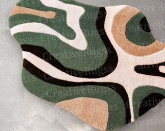 Abstract Wavy Green Area Rug – Modern Irregular Shape Carpet, Boho Retro Aesthetic Living Room Floor Decor, Hand Tufted Custom Accent Rug