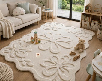 Handmade Cream Floral Area Rug, Daisy Flower Shaped Wool Carpet, Neutral Nursery Decor, Soft Living Room & Bedroom Rug, Kids Playroom Decor