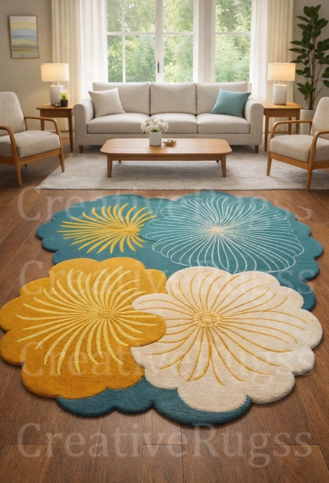 Modern Flower Shape Hand Tufted Area Rug, Floral Wool Living Room ...