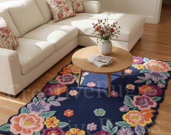 Handmade Luxury Hand-Tufted Navy Area Rug: Scalloped-Edge Design featuring 3D, Multi-Color Blooms (Coral, Pink, Peach) for a Maximalist Look