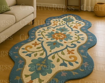 Alfombra de lana tejida a mano con diseño floral, hecha a mano. Diseño persa ondulado y colorido para sala de estar, dormitorio, oficina y salón.