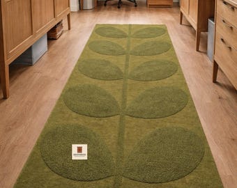 Green Leaf Runner Rug, Modern Botanical Wool Rug, Minimalist Nature Inspired Carpet, Hallway Runner, Scandinavian Style Floor Rug