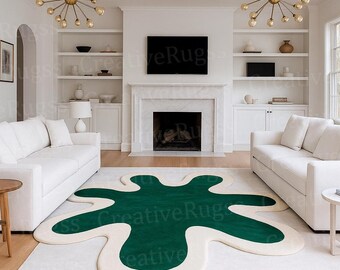 Modern Abstract Green Splash Rug – Emerald Green Hand-Tufted Contemporary Area Rug for Living Room, Unique Artistic Statement Carpet Dècors