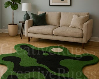 Organic Shape Green Hand Tufted Rug | Abstract Blob Area Rug | Modern Irregular Carpet | Contemporary Living Room & Bedroom Decor