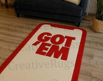 Modern “Got ‘Em” Hand-Tufted Rug – Bold Red & White Statement Carpet – Custom Gamer / Sneakerhead Room Decor