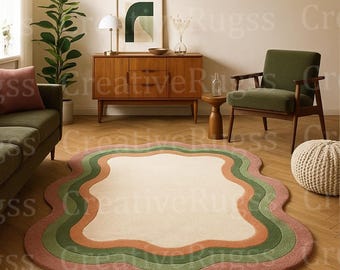 Retro Wavy Hand-Tufted Area Rug, Groovy 70s Style Abstract Blob Carpet, Minimalist wool rug, Modern Funky Living Room, Bedroom, Office Decor
