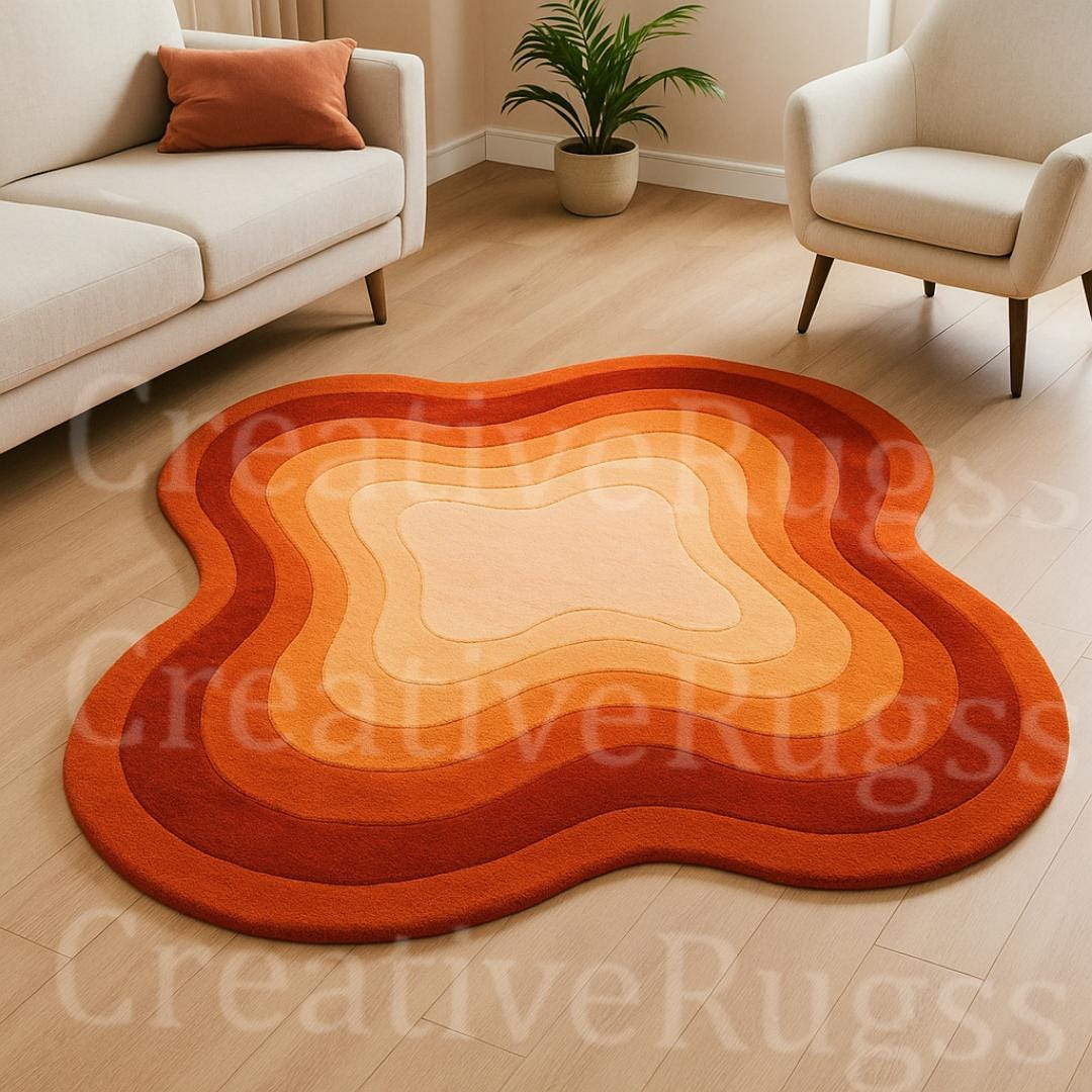 Retro Wavy Orange Area Rug | Hand Tufted Abstract Groovy Carpet | Mid ...