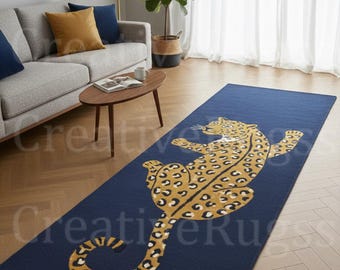 Hand Tufted Leopard Runner Rug – Navy Blue Animal Print Hallway Carpet, Modern Safari Decor, Long Accent Rug for Living Room or Entryway