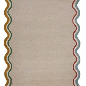 May include: A rectangular rug with a wavy edge. The border has a repeating pattern of red, yellow, green, and blue stripes. The rug's central area is a solid beige colour, providing a neutral backdrop.