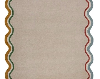 Hand-Tufted Modern Wavy Border Rug – Neutral Beige Area Carpet with Colorful Scalloped Edges, Contemporary Living Room, Bedroom Decor