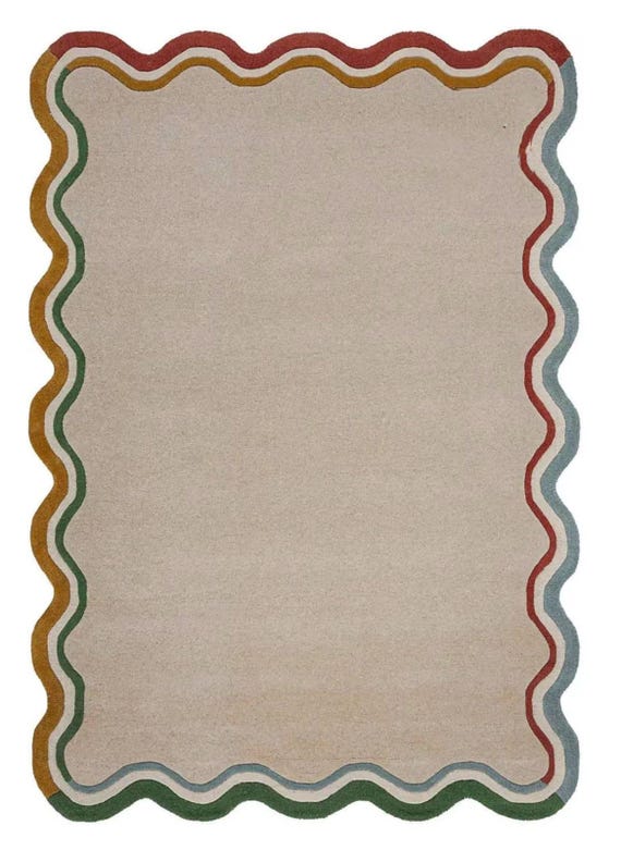 Hand-Tufted Modern Wavy Border Rug – Neutral Beige Area Carpet with Colorful Scalloped Edges, Contemporary Living Room, Bedroom Decor