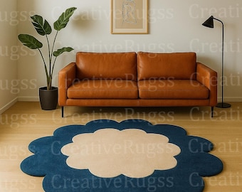 Modern Flower Shaped Rug – Blue & Beige Hand Tufted Carpet for Living Room, Bedroom, Kids Room | Aesthetic Boho Home Decor, Cloud Shape Rug