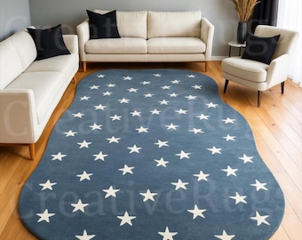 Modern Hand-Tufted Blue Star Rug | Minimalist Starry Wool Carpet For Living Room, Kids Room, Bedroom & Nursery Decors