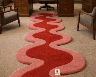 Modern Wavy Runner Rug, Abstract Red & Pink Hallway Rug, Irregular Shape Carpet, Funky Contemporary Floor Rug, Statement Home Decor