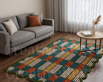 Handmade Teal & Gold Autumn Harvest Rug | Hand Tufted Wool Scalloped Edge Checkerboard Pattern for Funky Cozy Living Room, or Bedroom Décor.