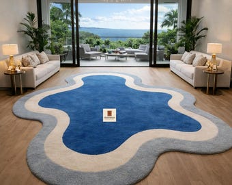 Modern Abstract Irregular Shape Rug, Handmade Tufted Blue Gradient Area Rug, Contemporary Wavy Rug, Minimalist Office & Living Room Decor