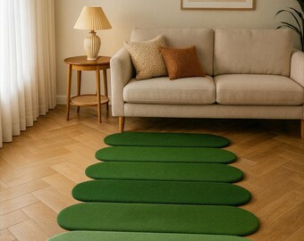Modern Green Pebble Rug, Minimalist Oval Stair Pattern Rug, Unique Layered Rug, Handmade Tufted Floor Mat, Contemporary Living Room Decor