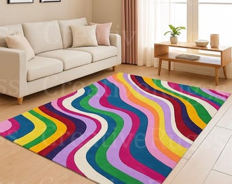 Hand Tufted Modern Colorful Wavy Area Rug – Vibrant Rainbow Bloom Abstract Carpet for Living Room, Bedroom, Office, Lounge & Kids Room Décor