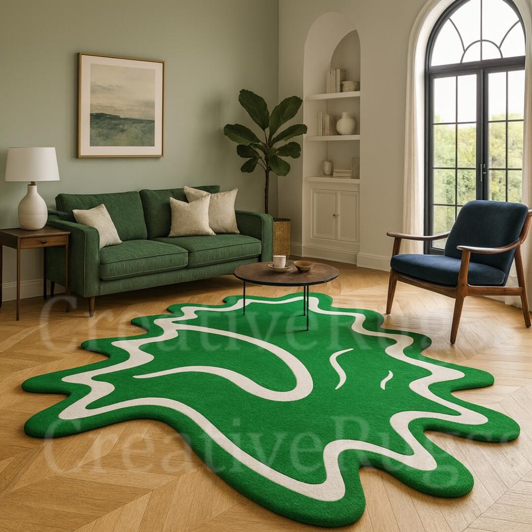 Green Abstract Hand Tufted Area Rug, Modern Organic Shape Carpet ...