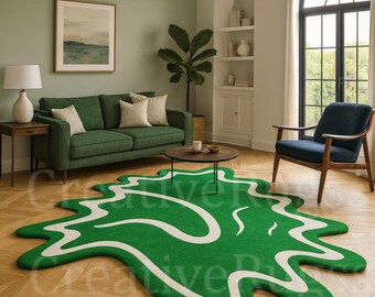 Green Abstract Hand Tufted Area Rug, Modern Organic Shape Carpet, Contemporary Living Room & Bedroom Decor, Custom Artistic Rug