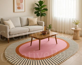 Handcrafted Modern Oval Pink Abstract Area Rug | Hand-Tufted Geometric Living Room Carpet | Minimalist Scandinavian Style Floor Dècors