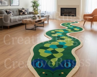Hand Tufted Green Snake Wool Rug, Reptile Runner rug, Modern Animal Print Carpet, Handmade Custom Area Rug For Hallway, Nursery, Home Decor