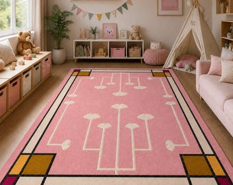 Handmade Pink Geometric Area Rug, Modern Art Deco Rug, Nursery Rug, Kids Room Carpet, Pink Statement Rug, Contemporary Living Room Decor