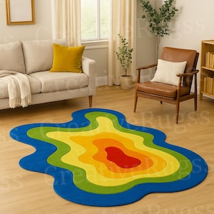 Colorful Abstract Wavy Rug – Modern Hand Tufted Area Carpet, Retro Gradient Living Room Rug, Groovy Pop Art Bedroom Floor Decor