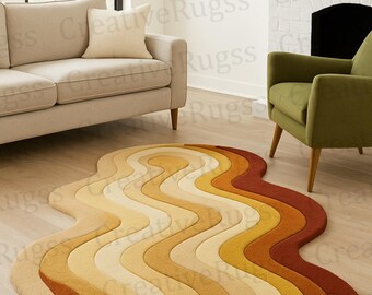 Retro Wavy Abstract Runner Rug – Hand-Tufted Modern Area Rug in Warm Earth Tones, Mid Century Boho Living Room, Bedroom Or Office Dècors