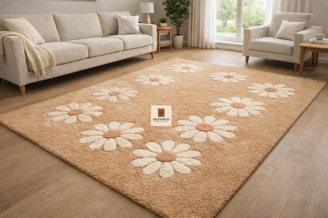 Blue Daisy Floral Hand Tufted Area Rug, Flower Shape Natural Beige Wool ...