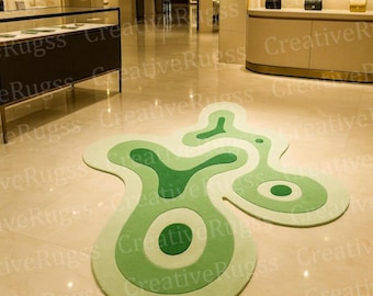 Modern Abstract Green Rug – Unique Organic Shape Area Rug, Contemporary Hand-Tufted Carpet for Living Room, Bedroom, Office & Boutique Décor