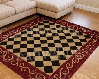 Modern Hand-Tufted Black, Cream & Maroon Chess Design Area Rug, Luxury Home Accents Carpet For Living Room, Bedroom, Office Or Lounge Dècors