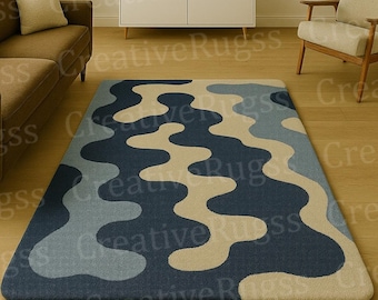 Modern Abstract Wavy Pattern Rug – Minimalist Blue, Beige & Grey Hand-Tufted Wool Area Rug for Living Room, Bedroom, Office Or Lounge Dècors