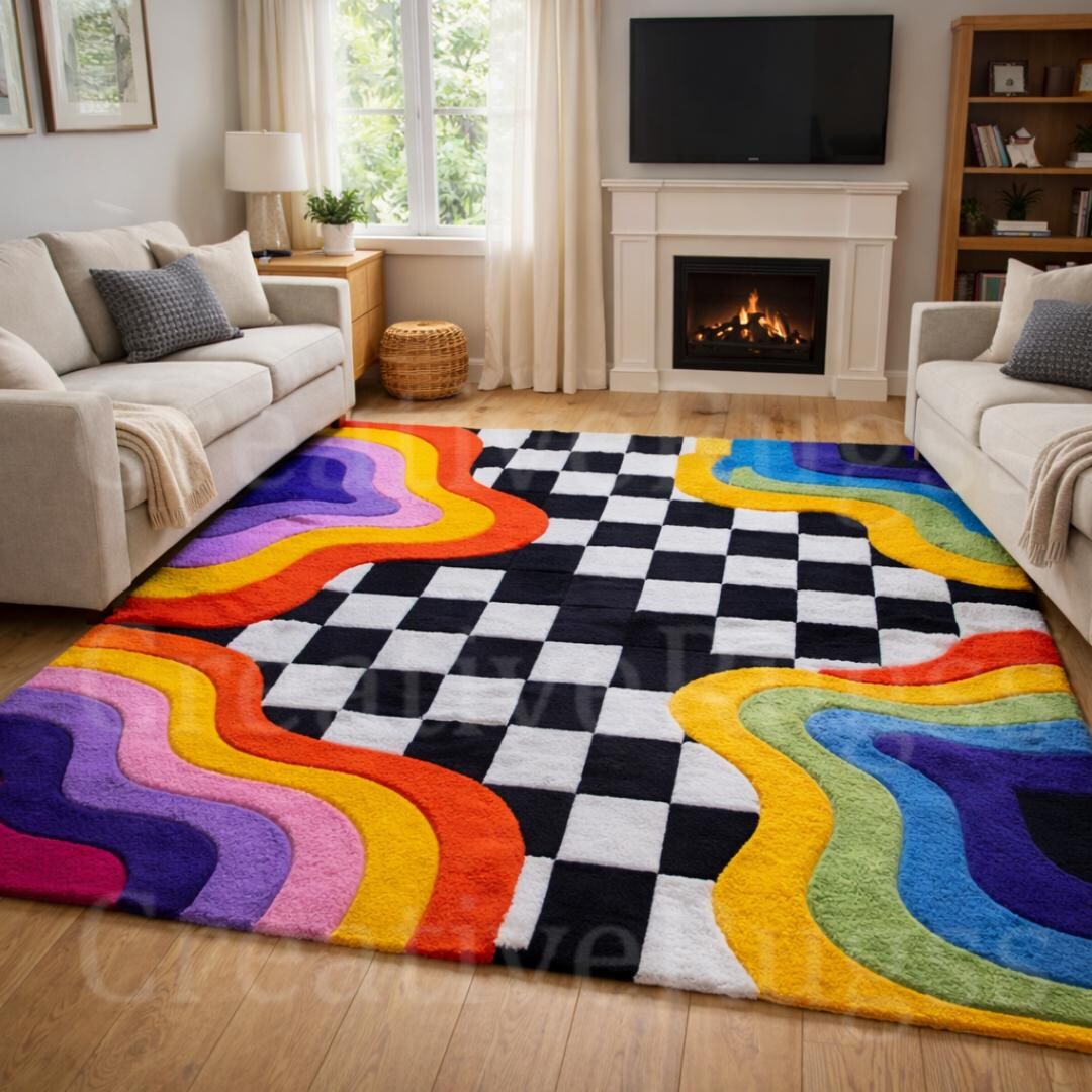 Colorful Checkered Rainbow Wave Rug, Modern Hand Tufted Area Rug, Black ...