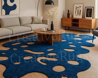 Modern Abstract Blue Splash Shape Area Rug – Hand Tufted Irregular Cutout Wool Carpet For Living Room, Bedroom & Lounge Dècors