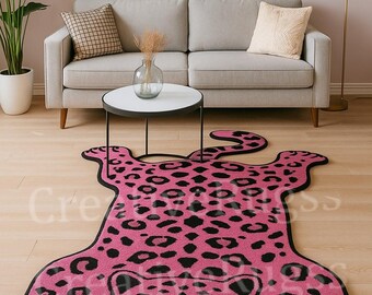 Handmade Pink Leopard Print Animal Motif Rug | Hand Tufted Oriental Style Area Rug | Unique Safari Jungle Decor Carpet | Boho Statement Rug