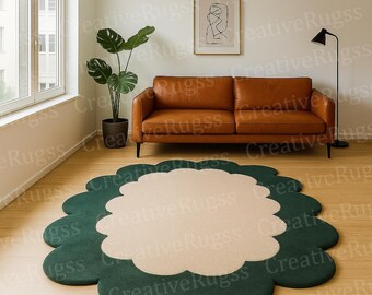Custom Hand Tufted Cloud Shape Area Rug, 5x8ft, Green & Cream Colour  100% wool Rug for living room, Bedroom, kids room Or Dining room Dècor