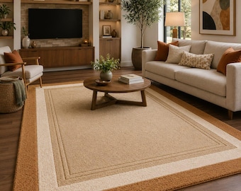 Neutral Beige Hand Tufted Wool Rug, Modern Border Area Rug, Minimalist Living Room Carpet, Contemporary Bedroom Rug