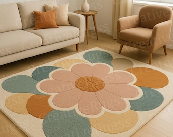 Mid Century Modern Floral Pattern Rug, Hand Tufted Retro Area Rug – Scandinavian Style Colorful Daisy Carpet For Living Room, Bedroom Dècors