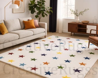 Modern Hand-Tufted Multicolor Star Rug | Minimalist Starry Wool Carpet For Living Room, Kids Room, Bedroom & Nursery Decors