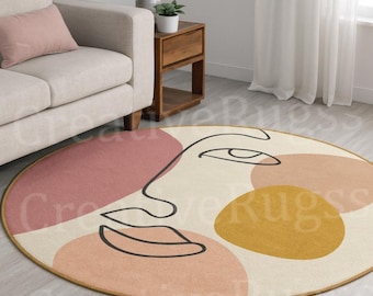 Hand-Tufted Abstract Face Round Rug – Modern Minimalist Line Art Area Rug, Contemporary Boho Pastel Living Room, Bedroom & Lounge Decor