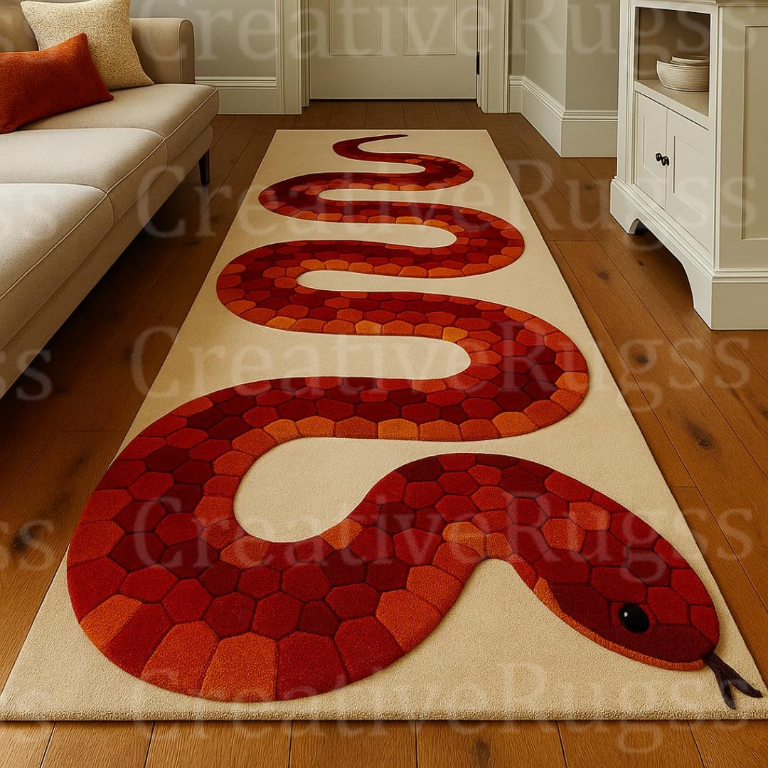 Red Snake Hand Tufted Wool Rug Reptile Runner Rug, Modern Animal Print ...