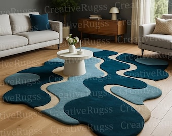 Handcrafted Modern Abstract Wavy Area Rug – Colorful Hand Tufted Organic Shape Carpet for Living Room, Bedroom, Contemporary Home Décor Rug