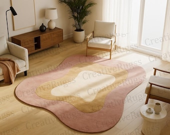 Moderner gewellter abstrakter Teppich | Rosa-beiger Teppich in organischer Form, handgetufteter zeitgenössischer Teppich für Wohnzimmer, ästhetisches, modernes Wohndekor