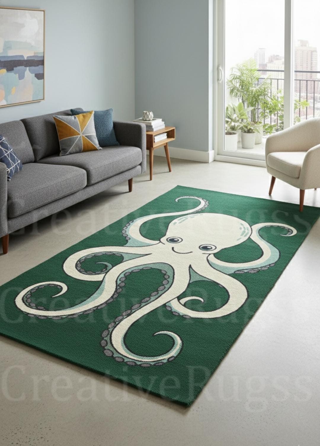 Octopus Channel Rug Hand Tufted Octopus Design Area Rug – Ocean Theme Nursery Carpet, Kid's ...