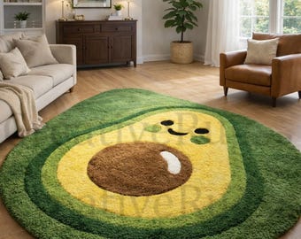 Handmade Avocado Shape Wool Rug, Luxury Round Green And Yellow Area Rug, Playful Fruit Carpet for Kids Room, Nursery & Modern Home