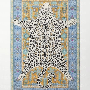 Hand Tufted Leopard Design Rug – Animal Print Area Rug with Oriental Border, Modern Bohemian Accent Carpet, Bengal Tiger Rug For Living Room